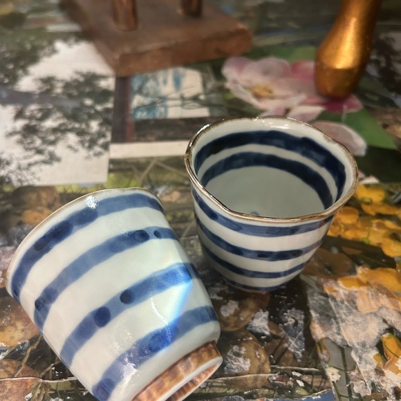 Vintage Japanese Yunomi Tea Cups Pair Stoneware Striped 3" Handmade Pottery - Picture 16 of 16